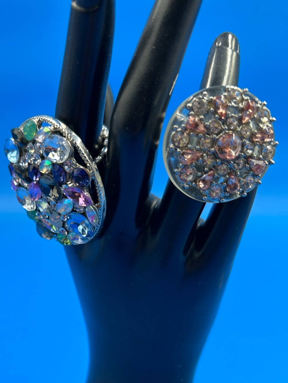 2 Multicolor Crystal Cluster Round ring and"Pampered Pattern" pink & silver ring